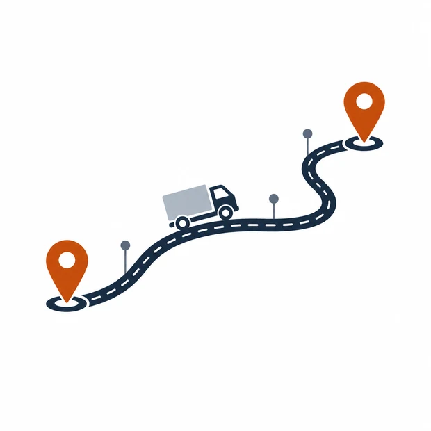 A route between two points with a moving truck on it