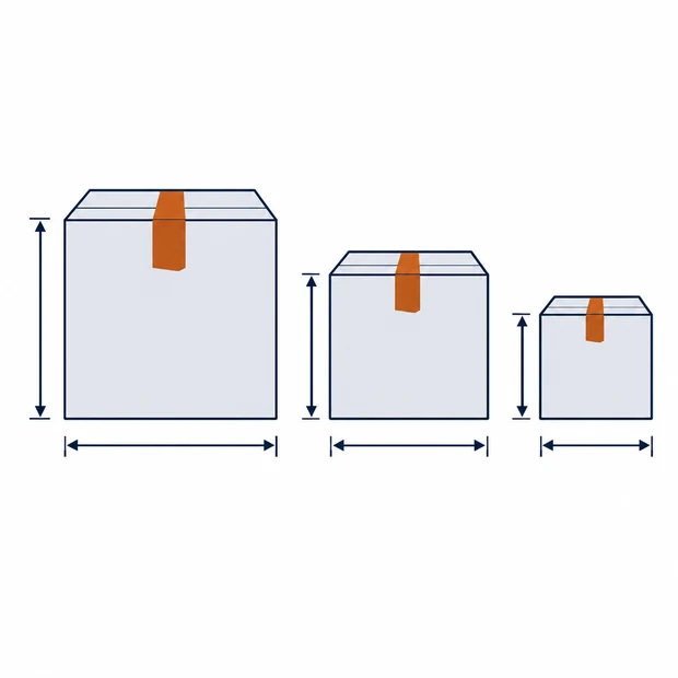 Three sealed moving cartons of different sizes in a row with dimension arrows marking each one