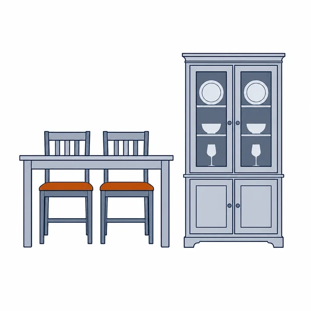 A dining table with chairs tucked under it and a glazed china cabinet beside it