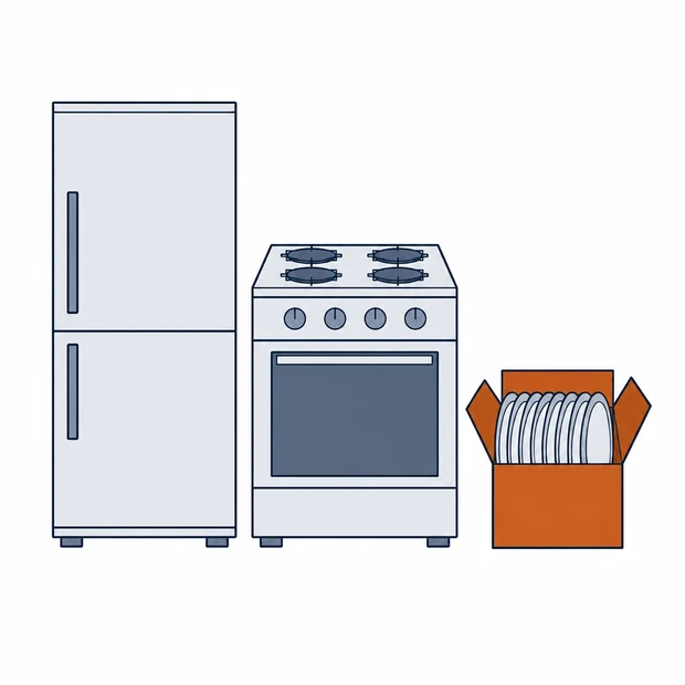 A tall refrigerator, a freestanding cooking range and an open carton of plates stacked on edge