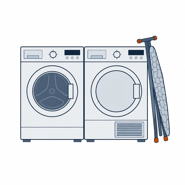 A washing machine and tumble dryer side by side with a folded ironing board leaning against them