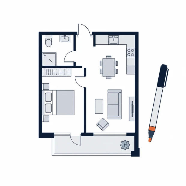 A floor plan of a small apartment seen from above with a marker pen beside it